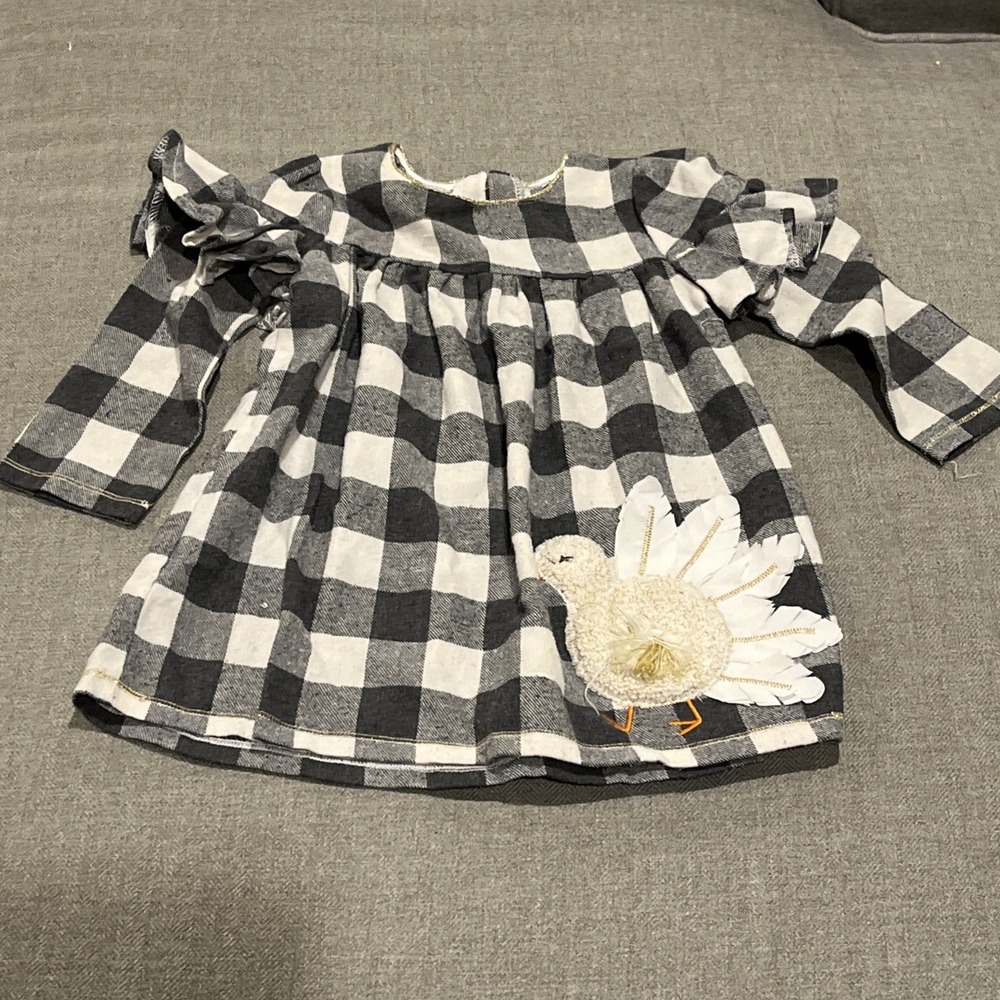 Mud Pie Girls Black Buffalo Plaid Cotton Dress  9-12 Months, Chicken Bird Tassel